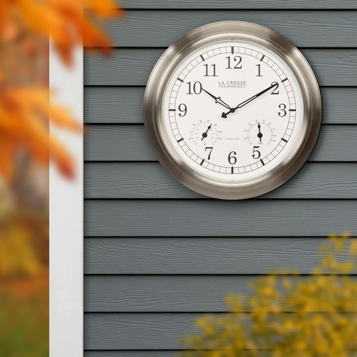 404-80017 17.9-inch Indoor/Outdoor Atomic Analog Wall Clock – Stainless Steel