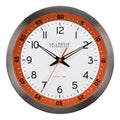 Head-on image of the 404-87696 10-inch Atomic Metal Wall Clock - Chapter Ring: Orange. The clock features a white dial, an orange chapter ring with seconds indicator, black hands, an orange second hand, and a stainless steel flush-mount frame.