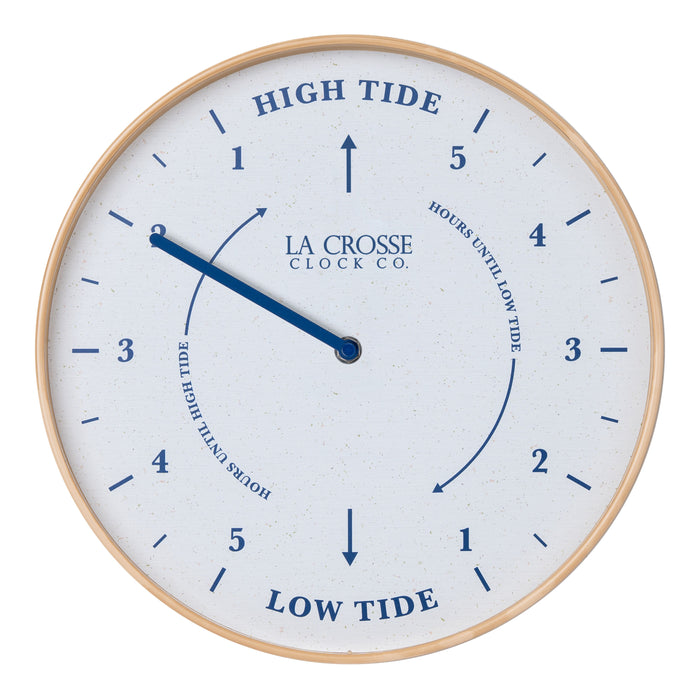 Head-on image of the 425-3831 11.8-inch Tide Wall Clock. The clock features a light wood frame, a white and tan speckled dial, blue numbers, markings, and a blue metal hand.