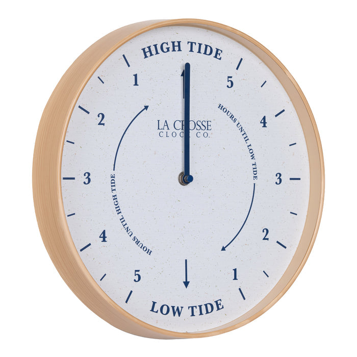 Right-facing image of the 425-3831 11.8-inch Tide Wall Clock. The clock features a light wood frame, a white and tan speckled dial, blue numbers, markings, and a blue metal hand.