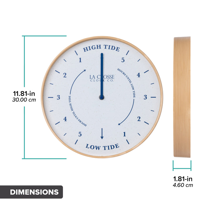 Orthographic dimension image in inches and centimeters of the 425-3831 11.8-inch Tide Clock shows the clock head-on and the frame in profile. The clock measures 11.81 in in diameter and is 1.81 inches deep and features a white and tan speckled dial with blue numbers, markings and a blue metal hand.