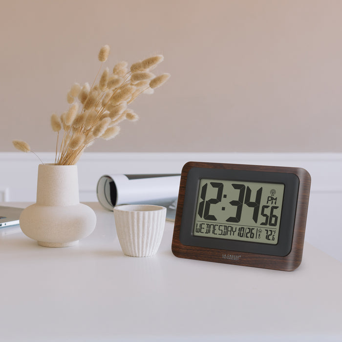 513-17907 Atomic Digital Wall Clock - Dark Wood