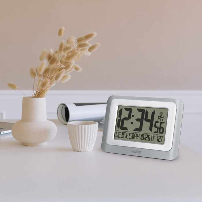 513-88907 Atomic Digital Wall Clock - Silver