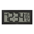 Head-on image of the 515-1419v2 Atomic Digital Wall Clock with Time Advance. The digital wall clock features a dual black frame, easy-to-read 4.49-inch time digits, indoor temperature reading of 72 degrees Fahrenheit, and a calendar.