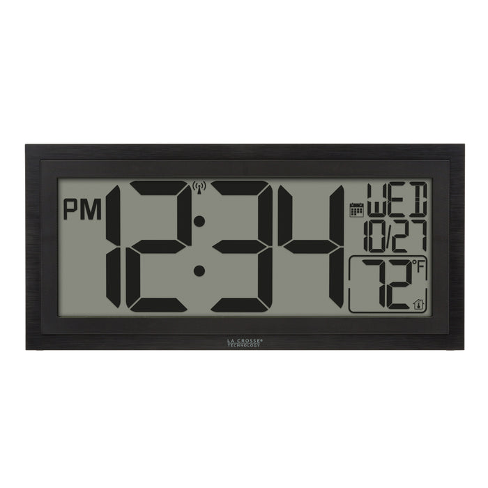 Head-on image of the 515-1419v2 Atomic Digital Wall Clock with Time Advance. The digital wall clock features a dual black frame, easy-to-read 4.49-inch time digits, indoor temperature reading of 72 degrees Fahrenheit, and a calendar.