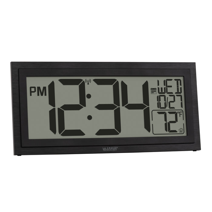 Right-facing image of the 515-1419v2 Atomic Digital Wall Clock with Time Advance. The digital wall clock features a dual black frame, easy-to-read 4.49-inch time digits, indoor temperature reading of 72 degrees Fahrenheit, and a calendar.