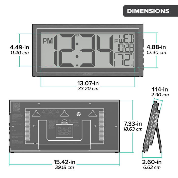 Orthographic drawing of the dimensions in inches and centimeters of the 515-1419v2 Atomic Digital Wall Clock with Time Advance. The digital wall clock is 15.42 inches long and 7.33 inches high. The clock features a dual black frame, easy-to-read 4.49-inch time digits, temperature, and a calendar.