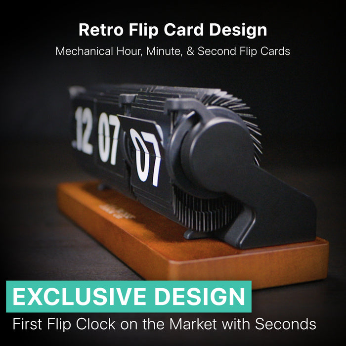 Exclusive Retro Flip Card Design - The 536-526 (Rollins) is the first mechanical flip clock on the market with hour, minute, and second flip cards. The image shows the seconds card flipping down.