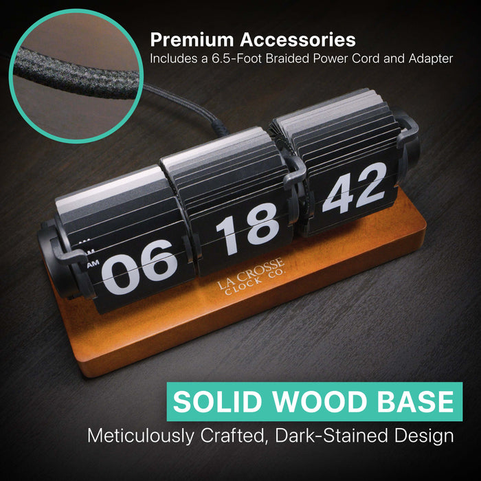 High-angle image of La Crosse Clock Company's meticulously crafted 536-526B dark-stained solid-wood base and premium 6.5-foot braided power cord. Noting that the adapter is also included.