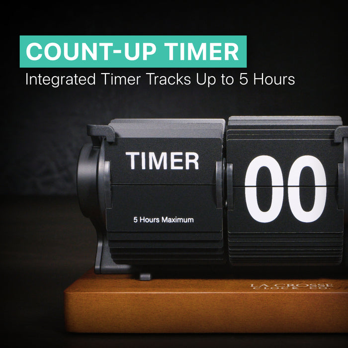Close-up, front-facing image highlighting the Rollins Flip Clock's integrated 5-hour count-up timer.