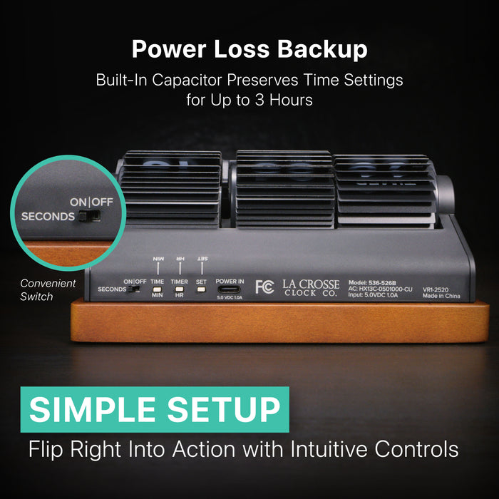 Back image of the 536-526B (Rollins Mechanical Flip Clock), showcasing its intuitive controls, simple setup, and convenient Seconds ON/OFF switch. The image also points out the Power Loss Backup feature, which uses a built-in capacitor to preserve time settings for up to 3 hours.