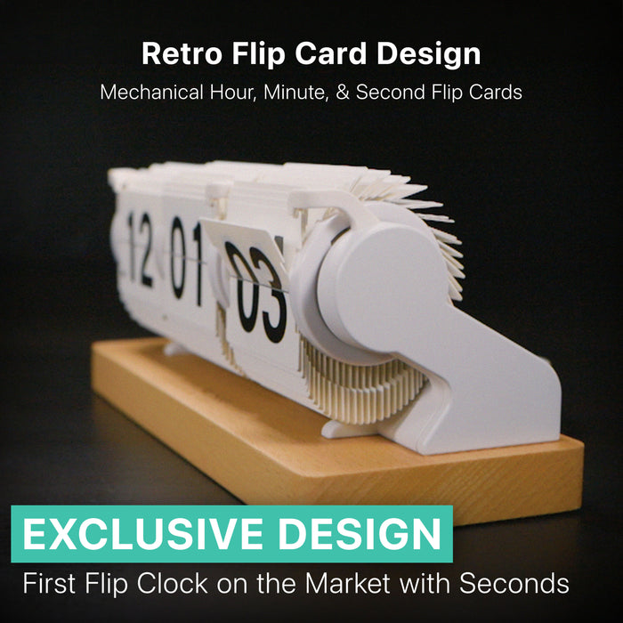 Exclusive Retro Flip Card Design - The 536-526 (Rollins) is the first mechanical flip clock on the market with hour, minute, and second flip cards. The image shows the seconds card flipping down.