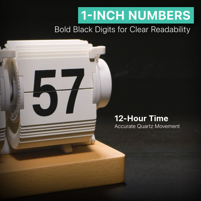 Closeup of the numbers on the 536-526W Rollins Flip Clock, which features a Quartz movement for accurate 12-hour time, and bold black 1-inch numbers for clear readability.