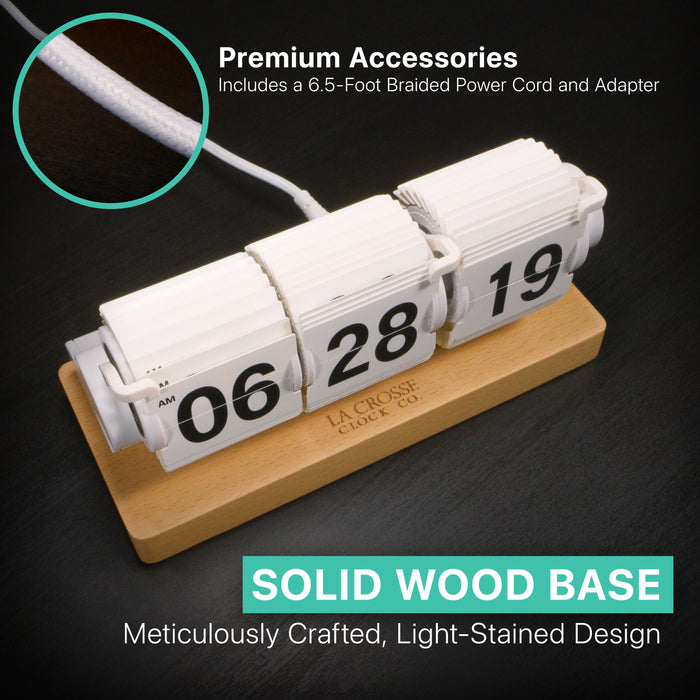 High-angle image of La Crosse Clock Company's meticulously crafted 536-526W light-stained solid-wood base and premium 6.5-foot braided power cord. Noting that the adapter is also included.