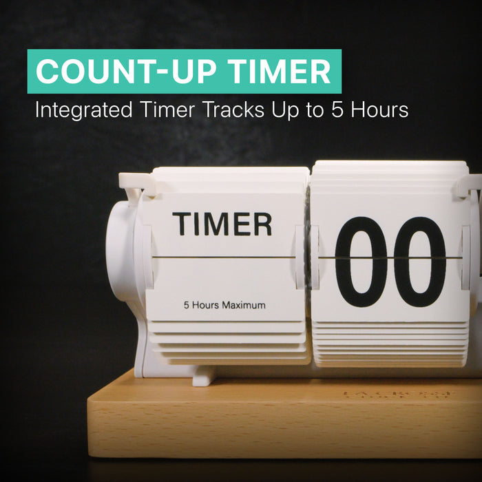 Close-up, front-facing image highlighting the Rollins Flip Clock's integrated 5-hour count-up timer.