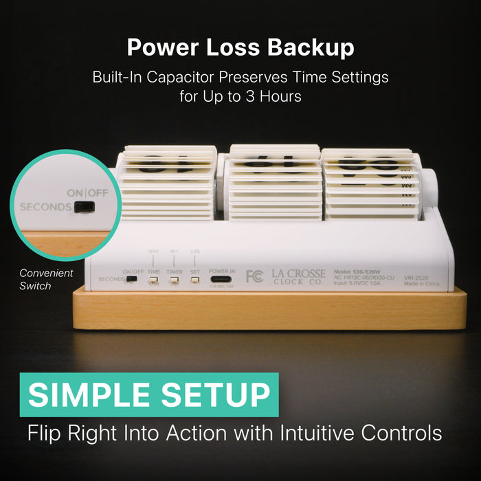 Back image of the 536-526W (Rollins Mechanical Flip Clock), showcasing its intuitive controls, simple setup, and convenient Seconds ON/OFF switch. The image also points out the Power Loss Backup feature, which uses a built-in capacitor to preserve time settings for up to 3 hours.