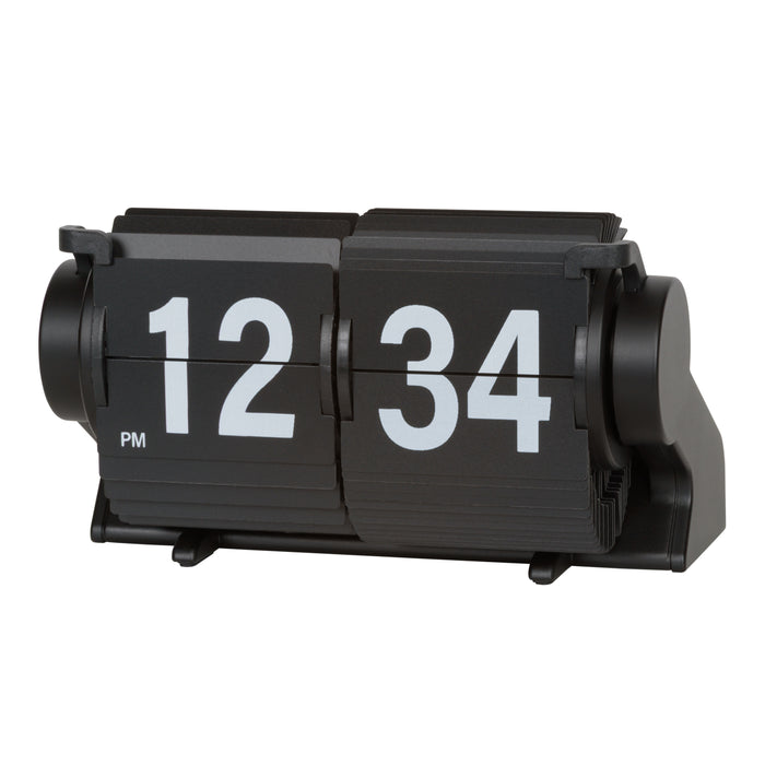 Left-facing image of the 536-527B Rollins Mini Mechanical Flip Clock - Black featuring black hour and minute flip cards with white numbers in a black case.