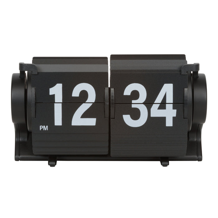 Head-on image of the 536-527B Rollins Mini Mechanical Flip Clock - Black  featuring black hour and minute flip cards with white numbers in a black case.