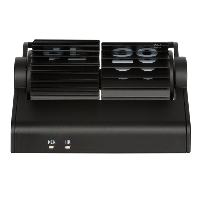 Back image of the 536-527B Rollins Mini Mechanical Flip Clock – Black, showing the flip cards and the hour (HR) and minute (MIN) switches. The clock features black hour and minute flip cards with white numbers in a black case.