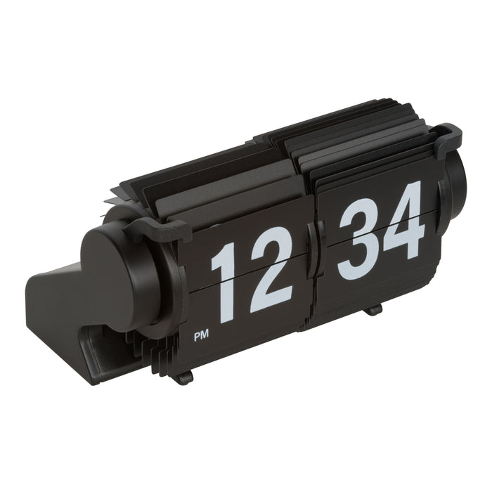 Top view image of the 536-527B Rollins Mini Mechanical Flip Clock – Black, highlighting the construction of the flip cards. The clock features black hour and minute flip cards with white numbers in a black case.