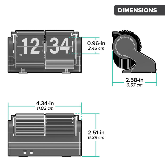 Orthographic dimension image of the 536-527B Rollins Mini Mechanical Flip Clock - Black measured in inches and centimeters. The clock measures 4.34 inches in length, 5.51 inches in height, and 2.58 inches deep.