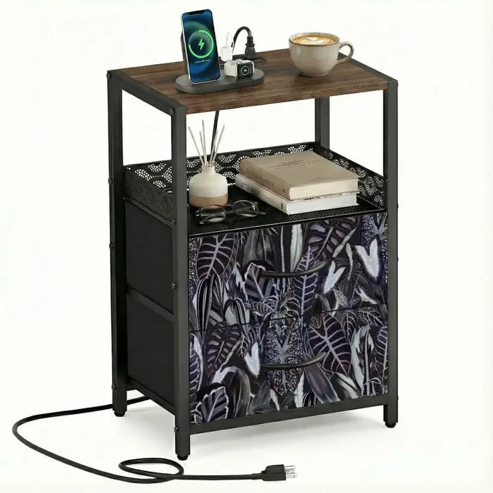 60 Retro Botanical Side Table - Nigtstand With Power Outlets + 2 Drawers - retro bedside table