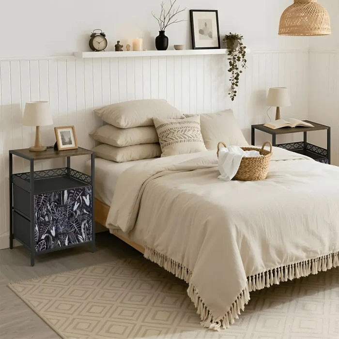 60 Retro Botanical Side Table - Nigtstand With Power Outlets + 2 Drawers - retro bedside table