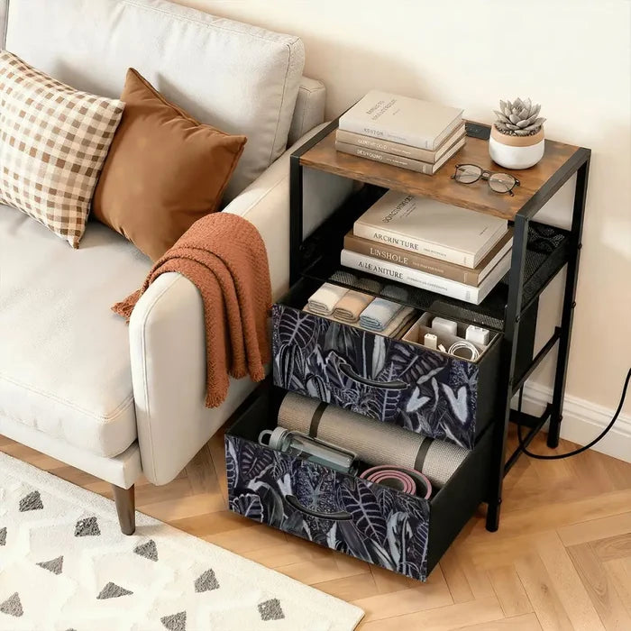 60 Retro Botanical Side Table - Nigtstand With Power Outlets + 2 Drawers - retro bedside table