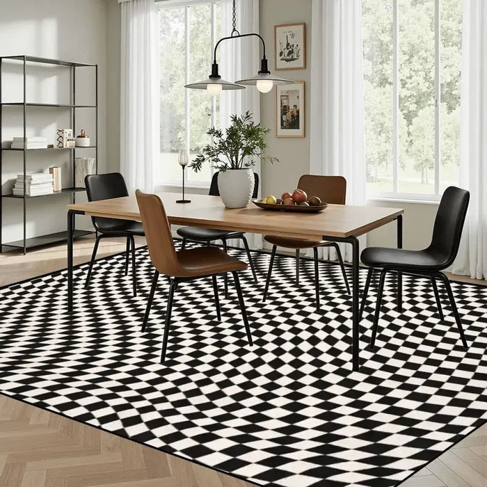 60s Op-Art Checkered Retro Floor Rug – Black White Large Plush Non-Slip Carpet - retro rug