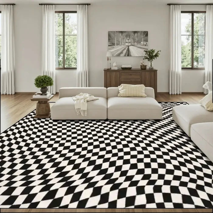 60s Op-Art Checkered Retro Floor Rug – Black White Large Plush Non-Slip Carpet - 144’’x108’’ - retro rug