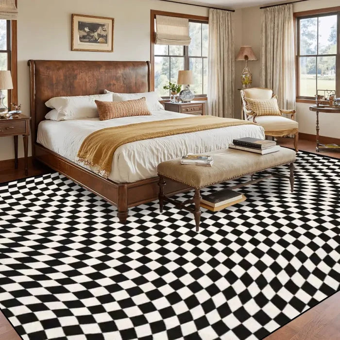 60s Op-Art Checkered Retro Floor Rug – Black White Large Plush Non-Slip Carpet - retro rug