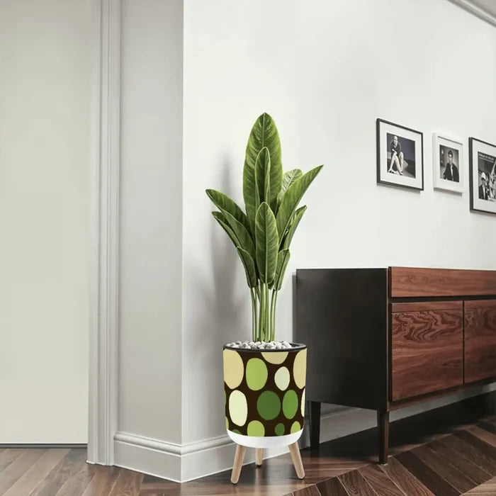 60s Polka Dots Plant Pot with Wooden Legs: Nordic Retro Midcentury - retro plant pot