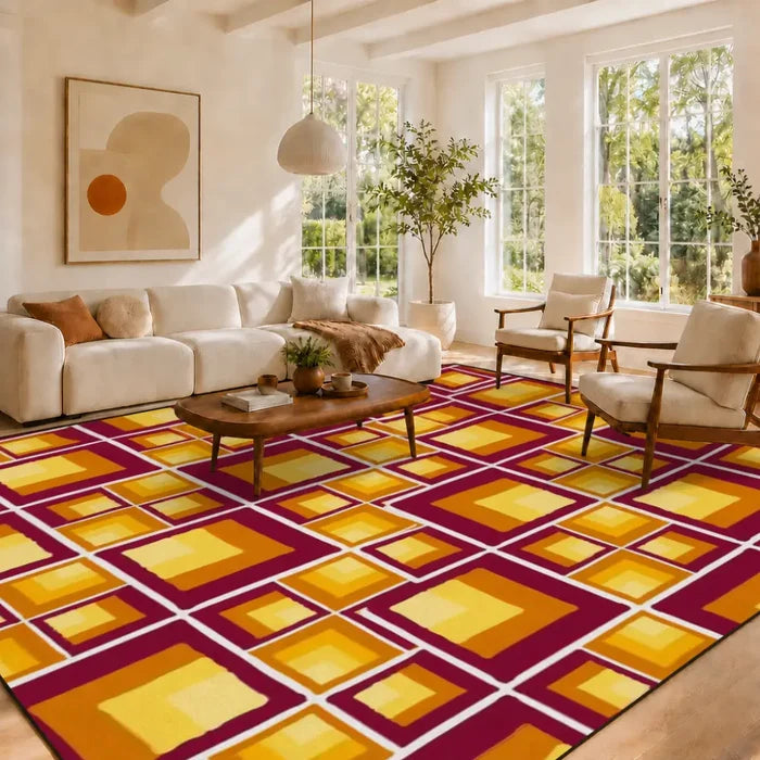 60s Retro Geometric Area Rug 12x9 ft – Large Midcentury Non-Slip Carpet - retro rug