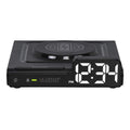 Head-on image of the 617-143 Amp Mini 15W Wireless Charging LED Alarm Clock. The alarm clock features a wireless charging pad, easy access buttons, an alarm with snooze, white time digits, and LED status light.