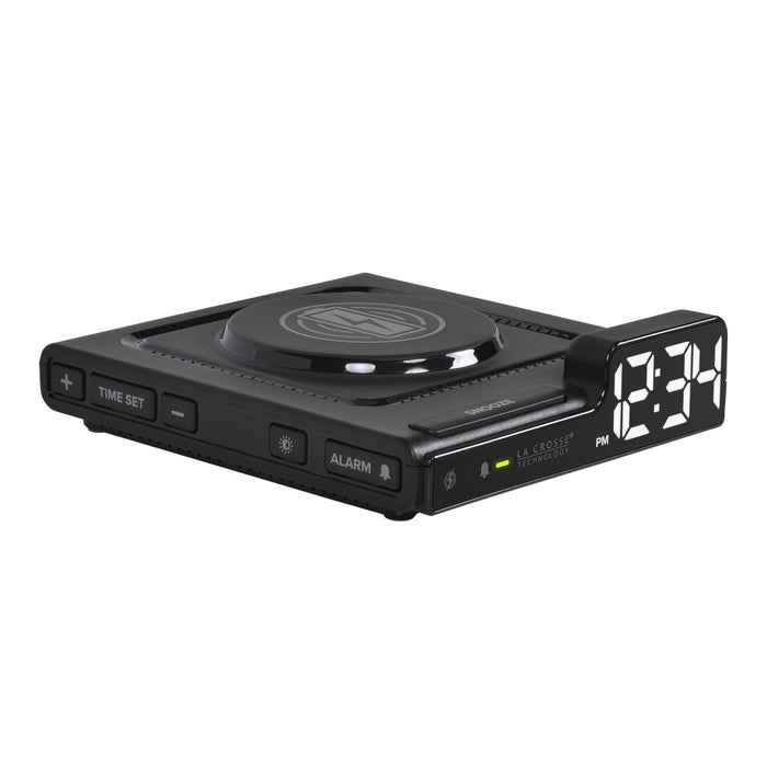 Right-facing image of the 617-143 Amp Mini 15W Wireless Charging LED Alarm Clock. The alarm clock features a wireless charging pad, easy access buttons, an alarm with snooze, white time digits, and a LED status light.