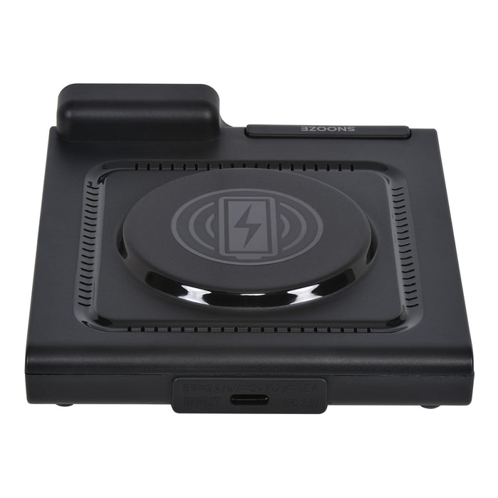 Back image of the 617-143 Amp Mini 15W Wireless Charging LED Alarm Clock showing the wireless charging pad and the USB-C power port.