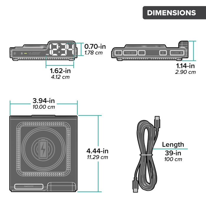 Orthographic dimensions of the 617-143 Amp Mini, listing the dimensions in inches and centimeters, with the USB-C power cord length. With a product length of 3.94-inches/10.00 cm, width of 4.44-inches/11.29 cm, height of 1.14-inches/2.90 cm and power cord length of 39-inches/100 cm.