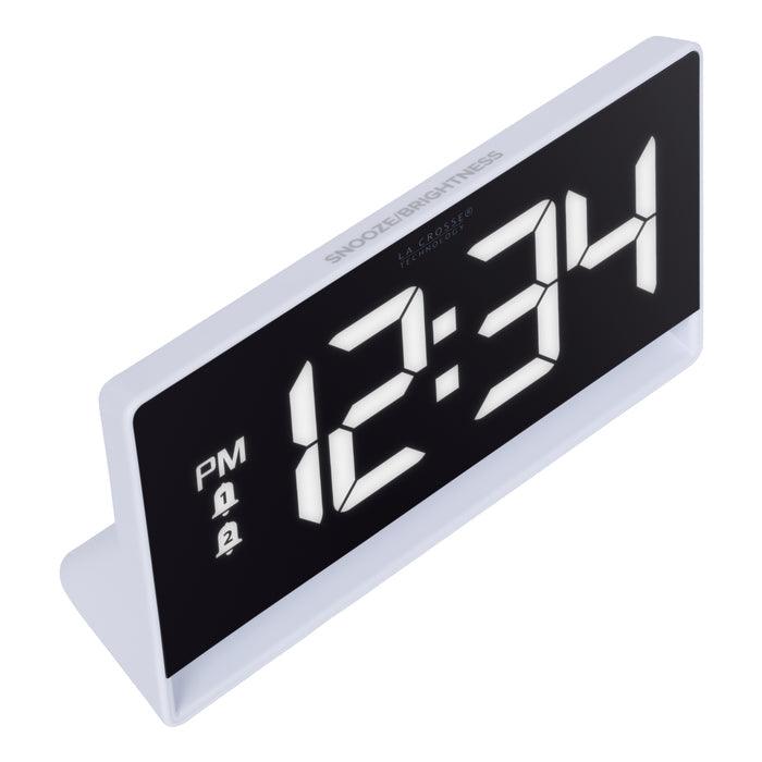 Top angled image of the 617-149 Digital Alarm Clock with Color Changing Glow Light, highlighting the snooze and brightness level buttons on the top. The alarm clock features a white case, a color-changing bar as the base, and a black display with white digits.