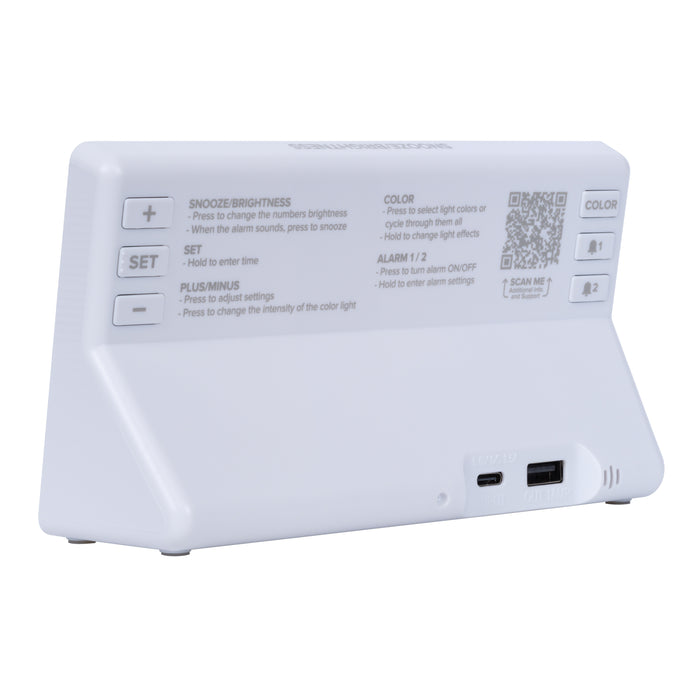 Back image of the 617-149 Digital Alarm with Color Changing Glow Light, showing the button functions, instruction text, the power source, and the charging port.