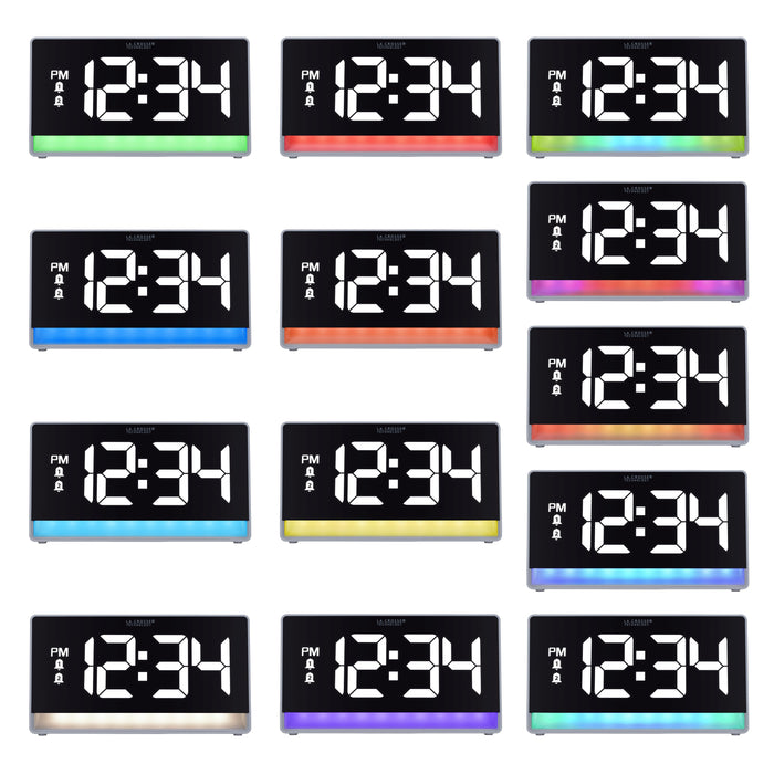 Glow light option image of the 617-149 Digital Alarm Clock with Color Changing Glow Light. The image shows the 8 stationalry solid colors and the 5 glow multi-color hues. The alarm clock features a white case, a color-changing bar as the base, and a black display with white digits.