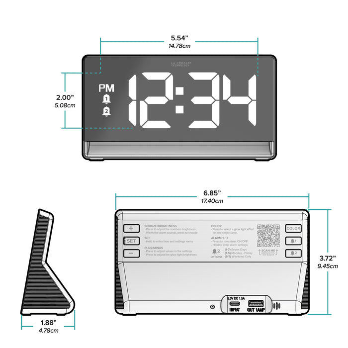 Orthographic drawing of the dimensions of the 617-149 Digital Alarm Clock with Color Changing Glow Light showing the measurements in inches and centimeters. The alarm clock is 6.85 in long, 1.88 in deep, and 3.72 in tall with 2.0 in digits.