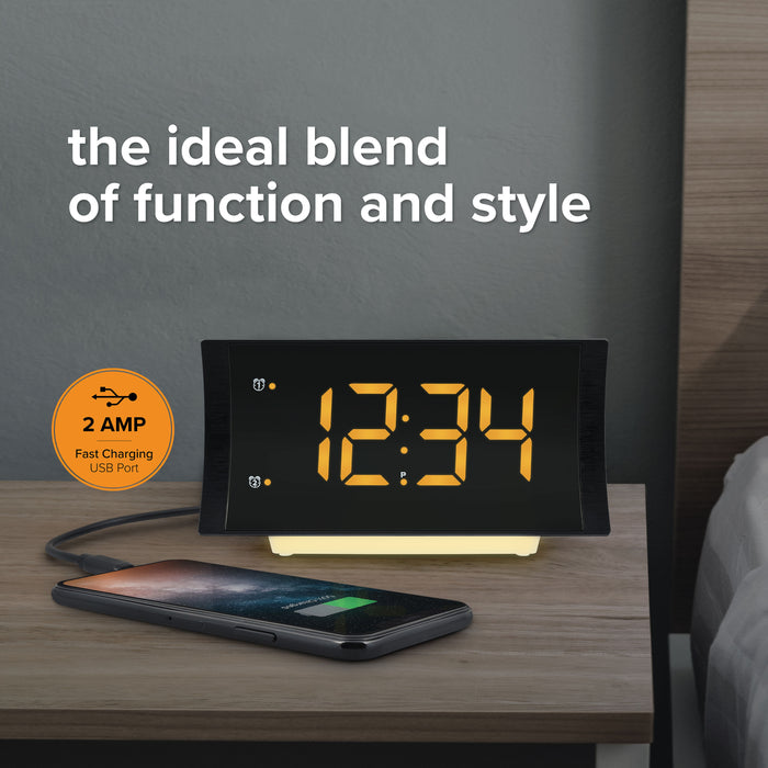 617-2410V3 Curved Amber Alarm Clock with Radio and USB Charging