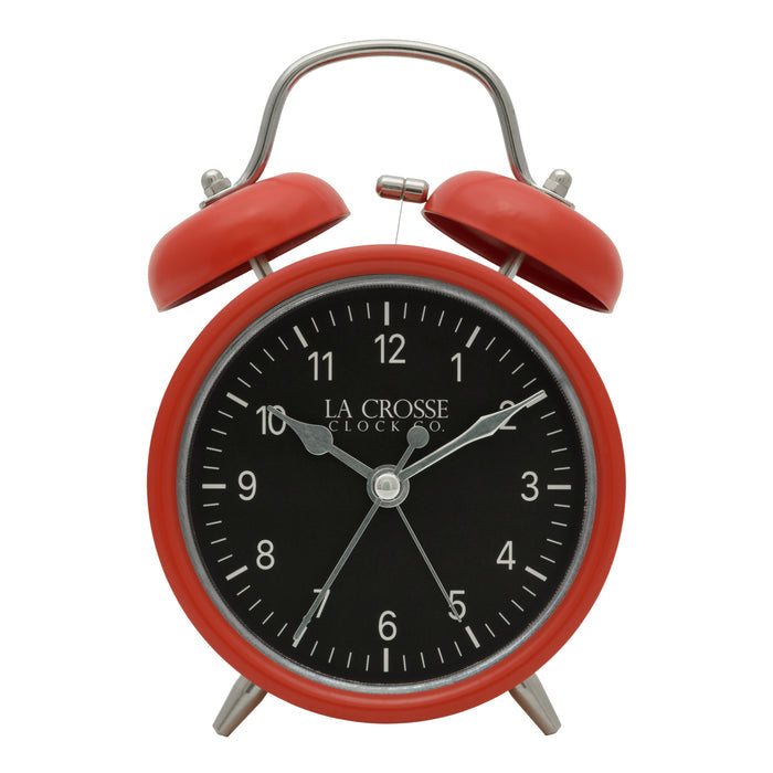 Head-on image of the 617-3314 Metal Twin Bell Alarm Clock – Red, the clock features a black dial with white numbers, silver hands and accents, in a red metal case