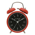 Head-on image of the 617-3314 Metal Twin Bell Alarm Clock – Red, the clock features a black dial with white numbers, silver hands and accents, in a red metal case