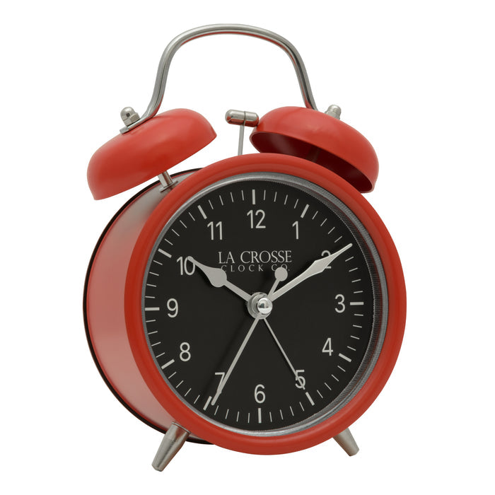 Right-facing image of the 617-3314 Metal Twin Bell Alarm Clock – Red, the clock features a black dial with white numbers, silver hands and accents, in a red metal case