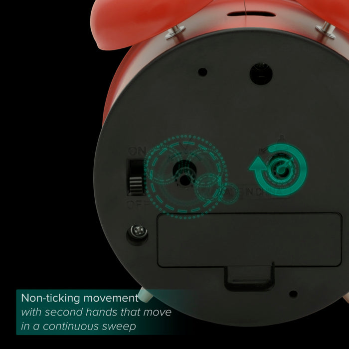 Enhanced content image of the back of the 617-3314 Metal Twin Bell Alarm Clock. The image includes text highlighting the Silent Sweep Quartz movement feature of this clock and visual call-outs of the time and alarm knobs