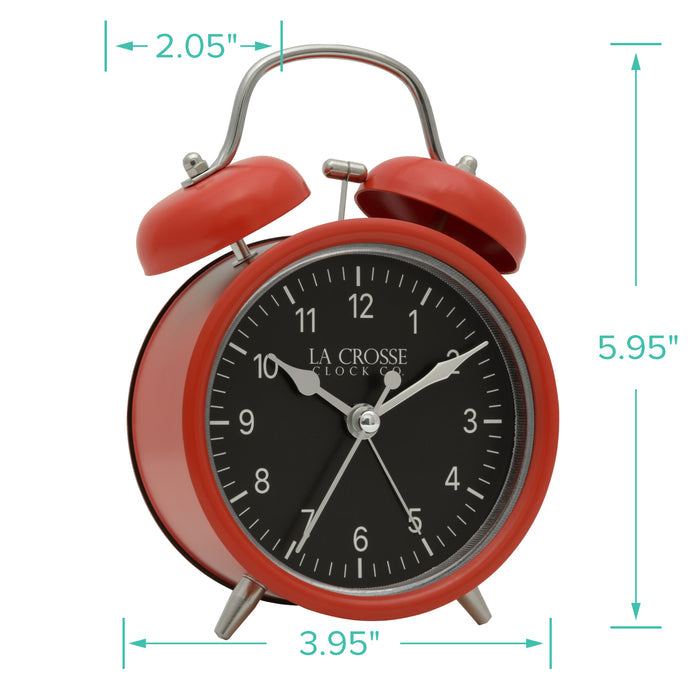 Orthographic dimension image of the 617-3314 Metal Twin Bell Alarm Clock – Red, the clock features a black dial with white numbers, silver hands and accents, in a red metal case. The dimensions read 3.95 in wide and 5.95 in tall with a depth of 2.05 in
