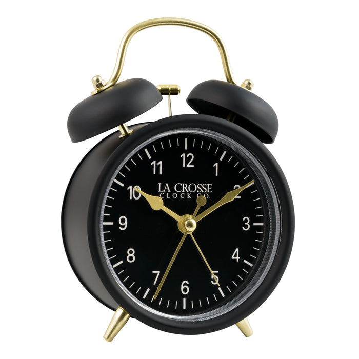 Right-facing image of the 617-3314BG Metal Twin Bell Alarm Clock – Black, the clock features a black dial with white numbers, gold hands and accents, in a black metal case.