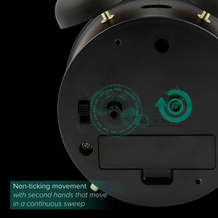 Enhanced content image of the back of the 617-3314BG Metal Twin Bell Alarm Clock. The image includes text highlighting the Silent Sweep Quartz movement feature of this clock and visual call-outs of the time and alarm knobs