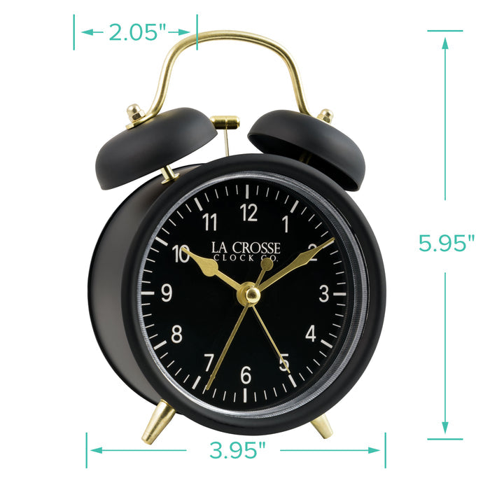 Dimension image of the 617-3314BG Metal Twin Bell Alarm Clock – Black, the clock features a black dial with white numbers, gold hands and accents, in a black metal case. The dimensions read 3.95 in wide and 5.95 in tall with a depth of 2.05 in.